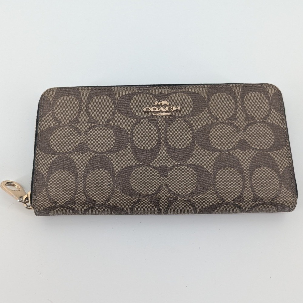Coach Accordion Zip Wallet Signature Canvas Brown Tan Gold Hardware Monogram